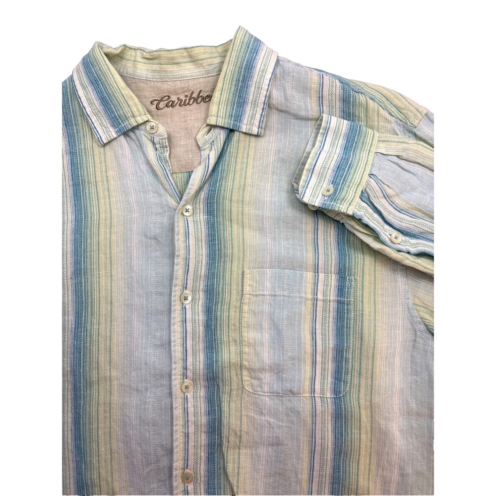 Caribbean‎ Linen Shirt Mens Hawaiian Large Blue Striped Long Sleeve Button Up
